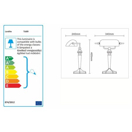 LANDLITE TL609 E27 Max 60W, desk lamp, table lamp, banker lamp, banker's Lamp - with amber colored glass shade