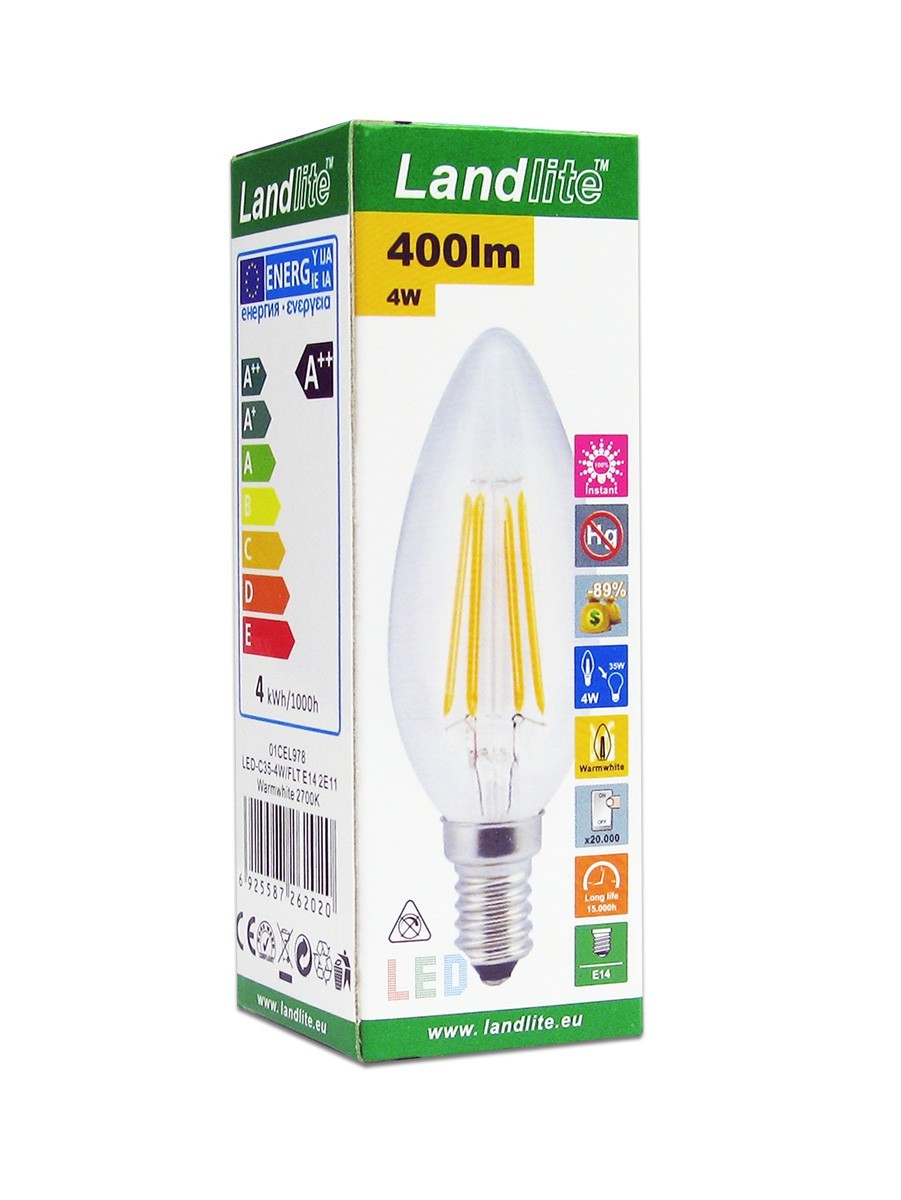 LANDLITE LED-C35-4W/FLT E14 2700K, filament LED Lamp - Welco