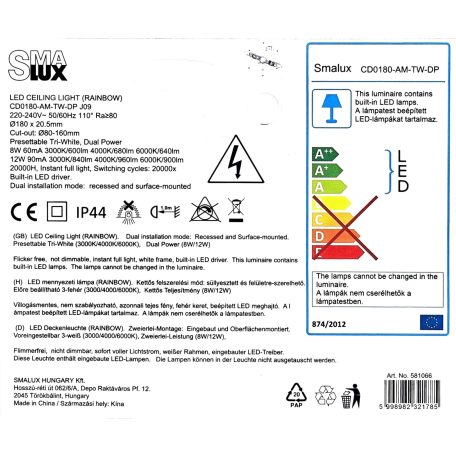 SMALUX CD0180-AM-TW-DP, 12W, előre beállítható WW/NW/CW, szivárványszínű, LED mennyezeti lámpa