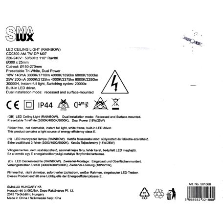 SMALUX CD0300-AM-TW-DP, 25W, Előre beállítható WW/NW/CW, szivárvány, LED mennyezeti lámpa